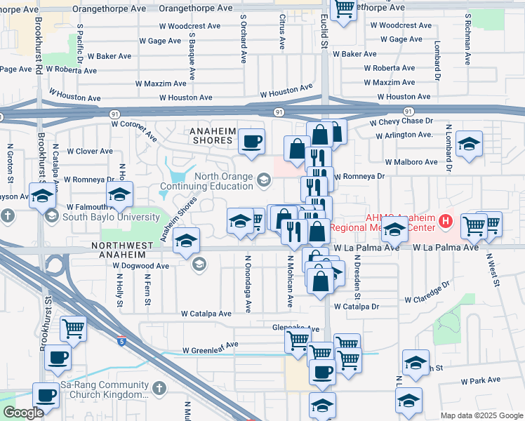 map of restaurants, bars, coffee shops, grocery stores, and more near 1801 West Neighbors Avenue in Anaheim