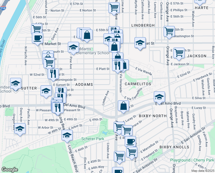 map of restaurants, bars, coffee shops, grocery stores, and more near 492 East Sunset Street in Long Beach