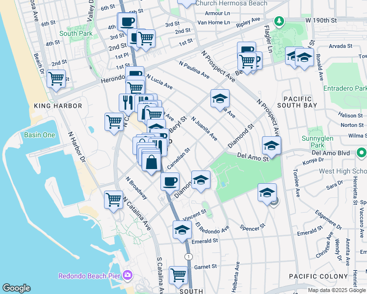map of restaurants, bars, coffee shops, grocery stores, and more near 715 Carnelian Street in Redondo Beach