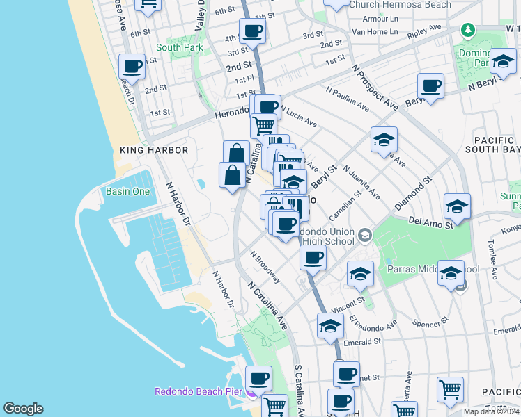 map of restaurants, bars, coffee shops, grocery stores, and more near 517 North Francisca Avenue in Redondo Beach