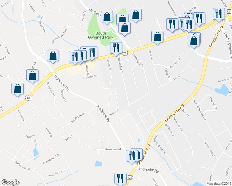 map of restaurants, bars, coffee shops, grocery stores, and more near 2895 Spruce Circle in Snellville