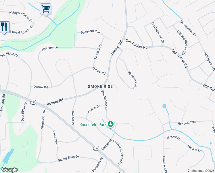 map of restaurants, bars, coffee shops, grocery stores, and more near 5449 Oakwood Drive in Stone Mountain