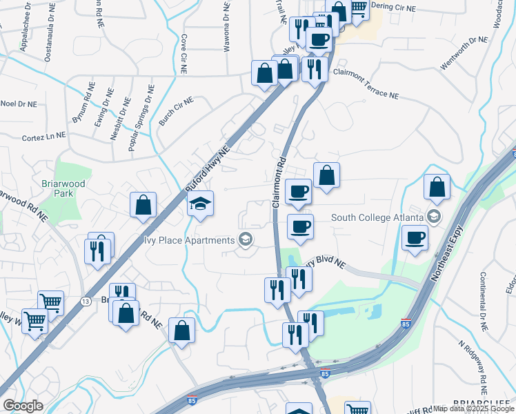 map of restaurants, bars, coffee shops, grocery stores, and more near 3078 Clairmont Road in Atlanta