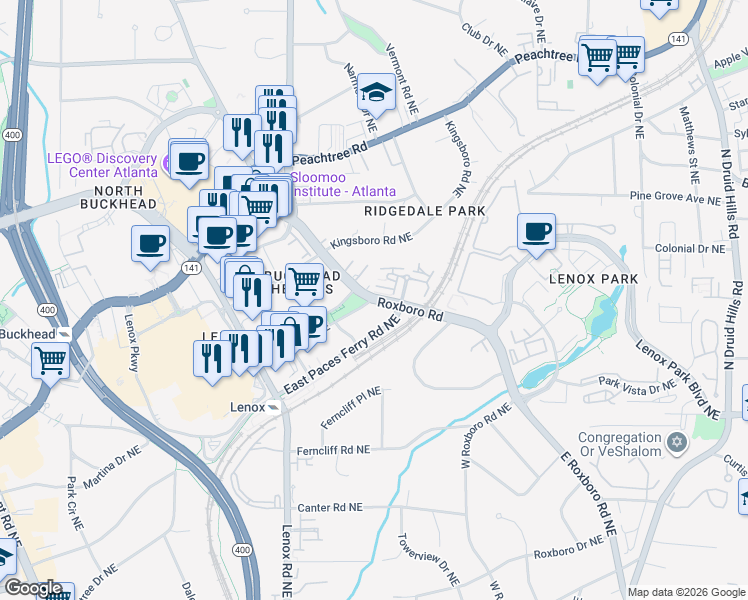 map of restaurants, bars, coffee shops, grocery stores, and more near 1022 East Paces Chase in Atlanta