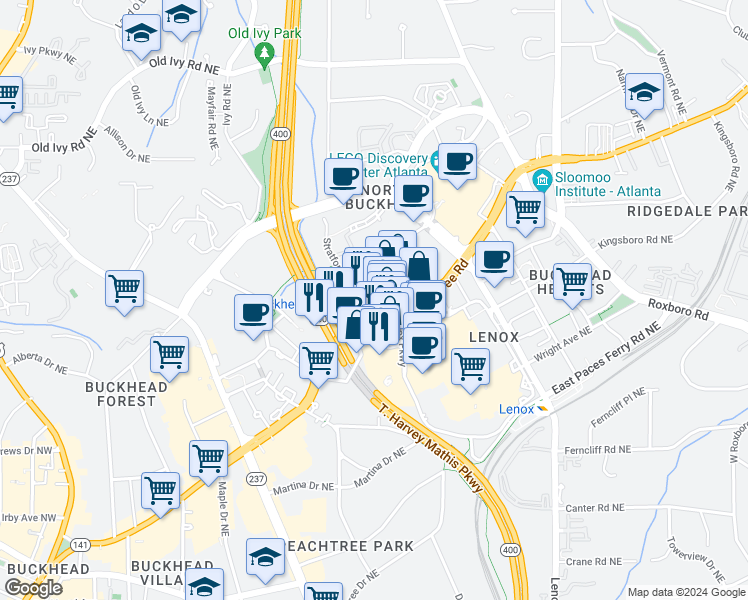 map of restaurants, bars, coffee shops, grocery stores, and more near 3378 Peachtree Road Northeast in Atlanta