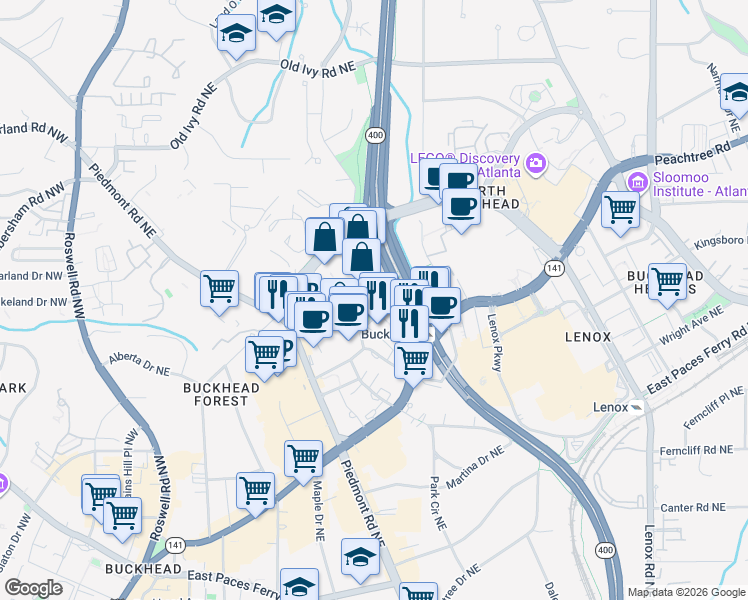 map of restaurants, bars, coffee shops, grocery stores, and more near 3495 Buckhead Loop Northeast in Atlanta