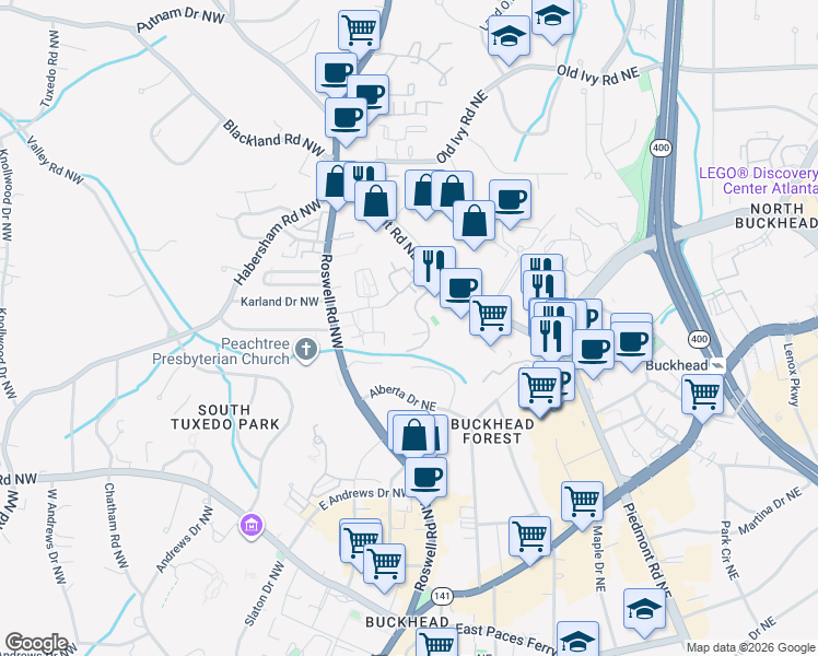 map of restaurants, bars, coffee shops, grocery stores, and more near 3530 Piedmont Road Northeast in Atlanta