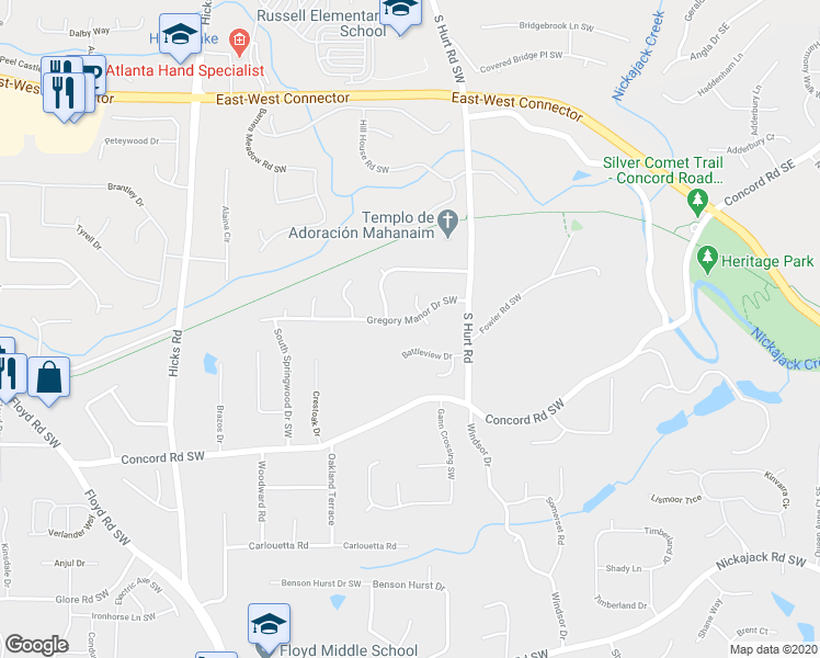 map of restaurants, bars, coffee shops, grocery stores, and more near 583 Gregory Manor Drive Southwest in Smyrna