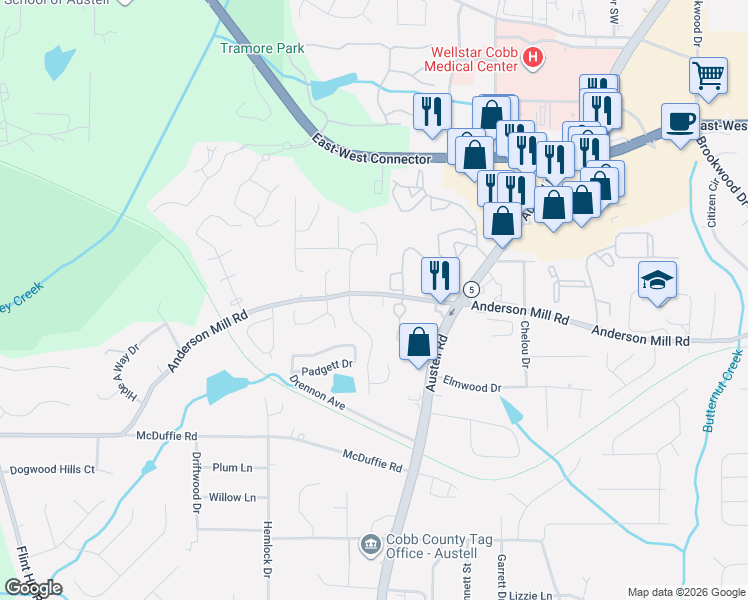 map of restaurants, bars, coffee shops, grocery stores, and more near 1981 Anderson Mill Road in Austell