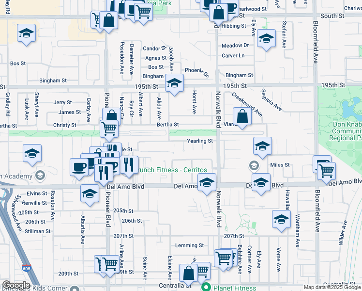 map of restaurants, bars, coffee shops, grocery stores, and more near 19909 Grayland Avenue in Cerritos