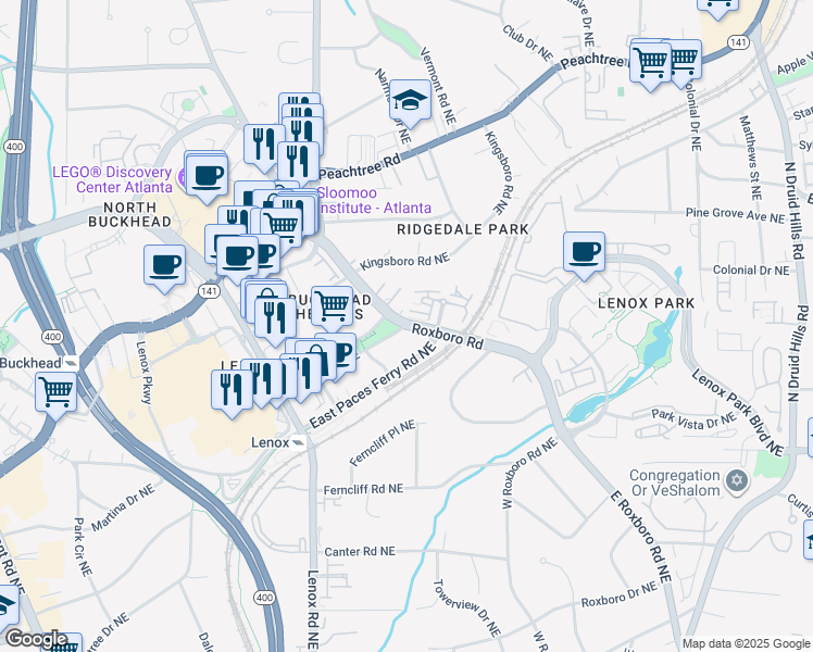 map of restaurants, bars, coffee shops, grocery stores, and more near 1022 East Paces Chase in Atlanta