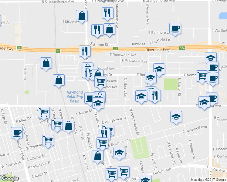 map of restaurants, bars, coffee shops, grocery stores, and more near 1315 East Sandalwood Avenue in Anaheim