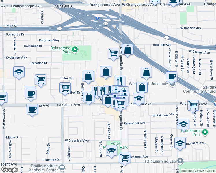 map of restaurants, bars, coffee shops, grocery stores, and more near 2639 West Woodland Drive in Anaheim