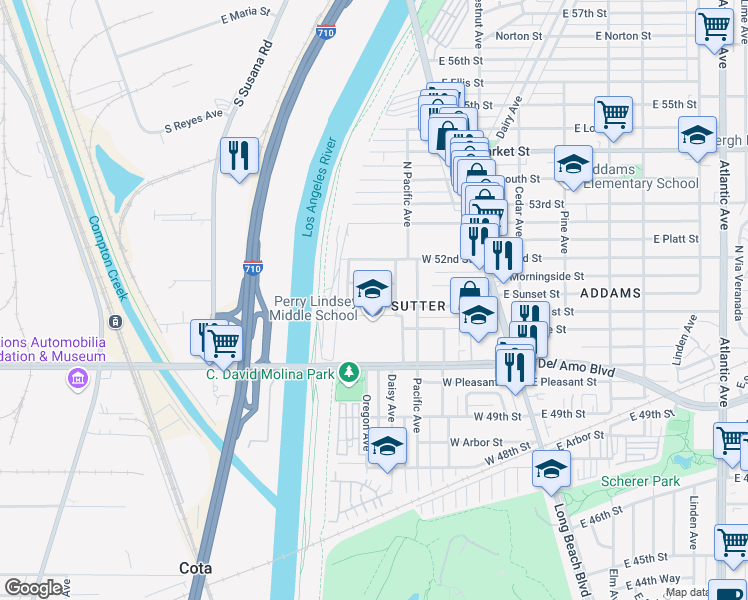 map of restaurants, bars, coffee shops, grocery stores, and more near 131 West 51st Street in Long Beach