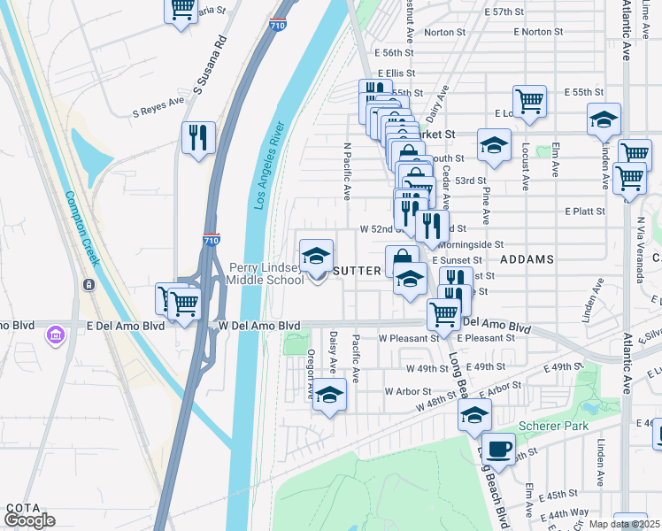 map of restaurants, bars, coffee shops, grocery stores, and more near 131 West 51st Street in Long Beach