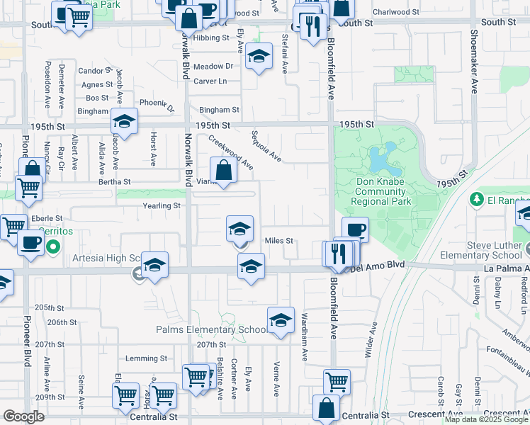 map of restaurants, bars, coffee shops, grocery stores, and more near 19928 Claretta Avenue in Cerritos