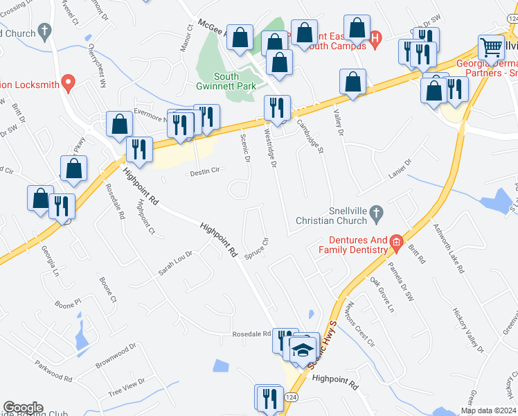 map of restaurants, bars, coffee shops, grocery stores, and more near 2865 Spruce Circle in Snellville