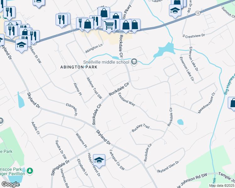 map of restaurants, bars, coffee shops, grocery stores, and more near 2880 Eastland Way in Snellville