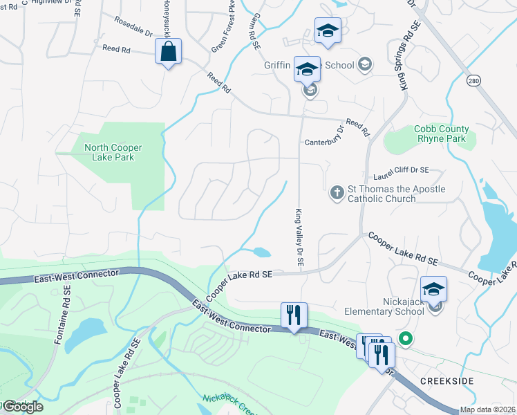 map of restaurants, bars, coffee shops, grocery stores, and more near 1041 Queensgate Drive Southeast in Smyrna