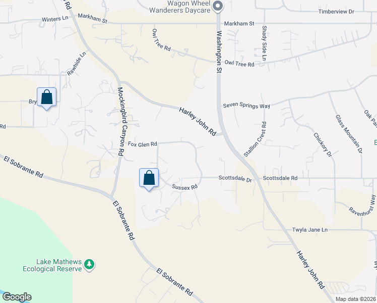 map of restaurants, bars, coffee shops, grocery stores, and more near 16639 Fox Glen Road in Riverside