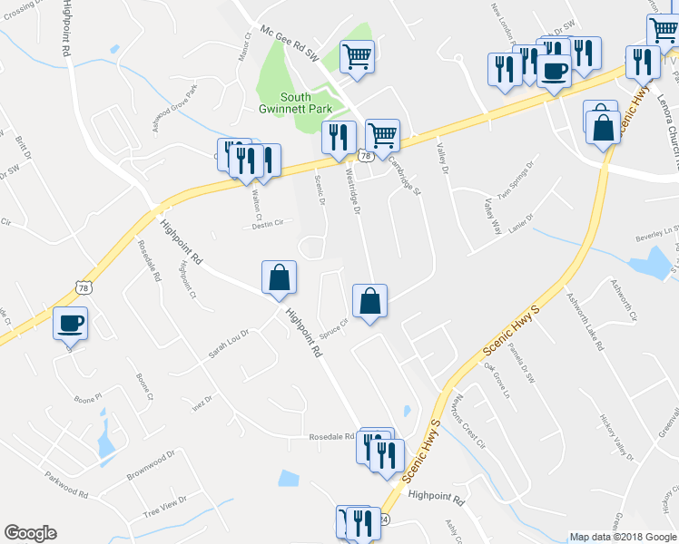 map of restaurants, bars, coffee shops, grocery stores, and more near 2896 Spruce Circle in Snellville