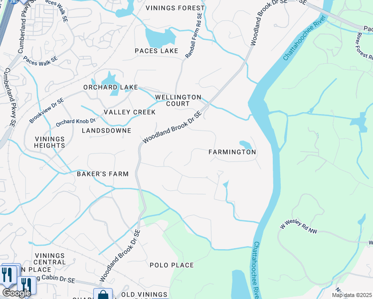 map of restaurants, bars, coffee shops, grocery stores, and more near 3047 Farmington Lane Southeast in Atlanta