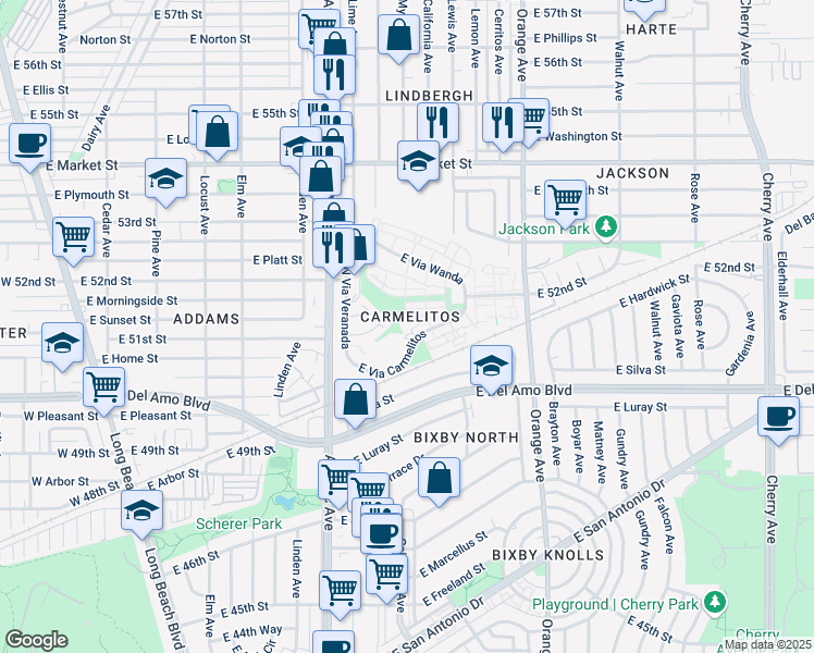 map of restaurants, bars, coffee shops, grocery stores, and more near 851 Via Carmelitos in Long Beach