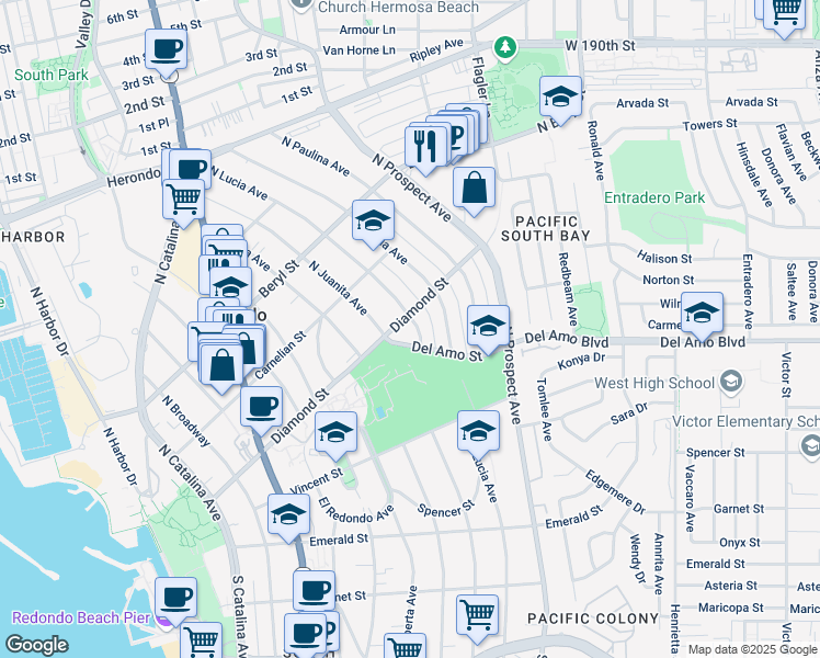 map of restaurants, bars, coffee shops, grocery stores, and more near 407 North Lucia Avenue in Redondo Beach