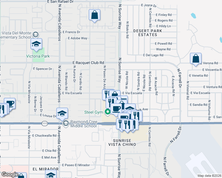 map of restaurants, bars, coffee shops, grocery stores, and more near 1631 Olga Way in Palm Springs
