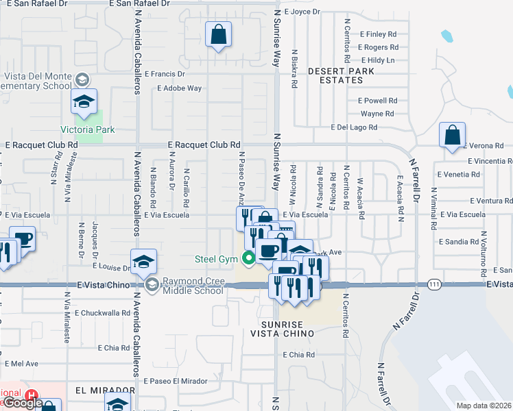 map of restaurants, bars, coffee shops, grocery stores, and more near 1591 Olga Way in Palm Springs