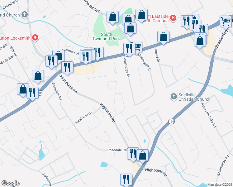 map of restaurants, bars, coffee shops, grocery stores, and more near 2956 Spruce Circle Southwest in Snellville