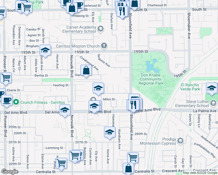 map of restaurants, bars, coffee shops, grocery stores, and more near 19922 Rainbow Way in Cerritos