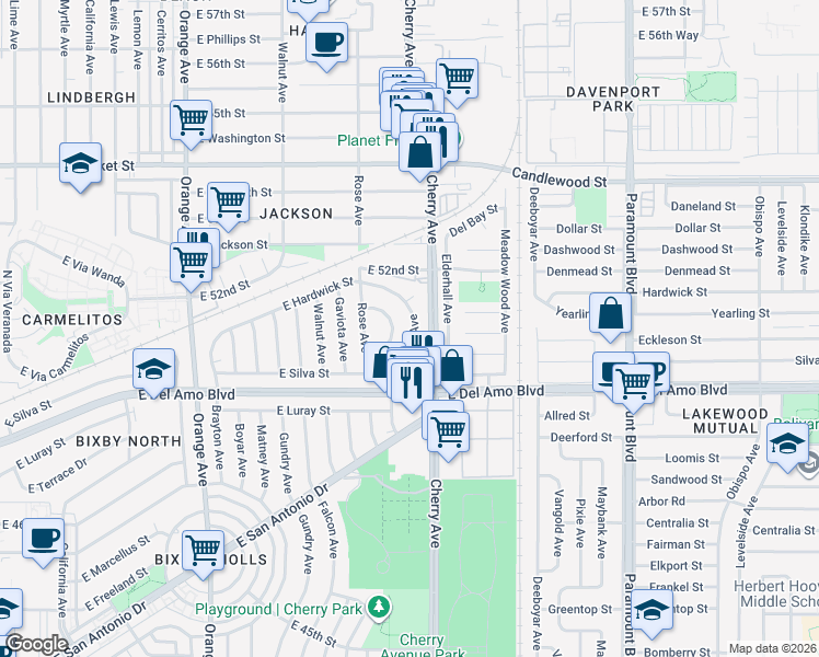 map of restaurants, bars, coffee shops, grocery stores, and more near 5071 Gardenia Avenue in Long Beach