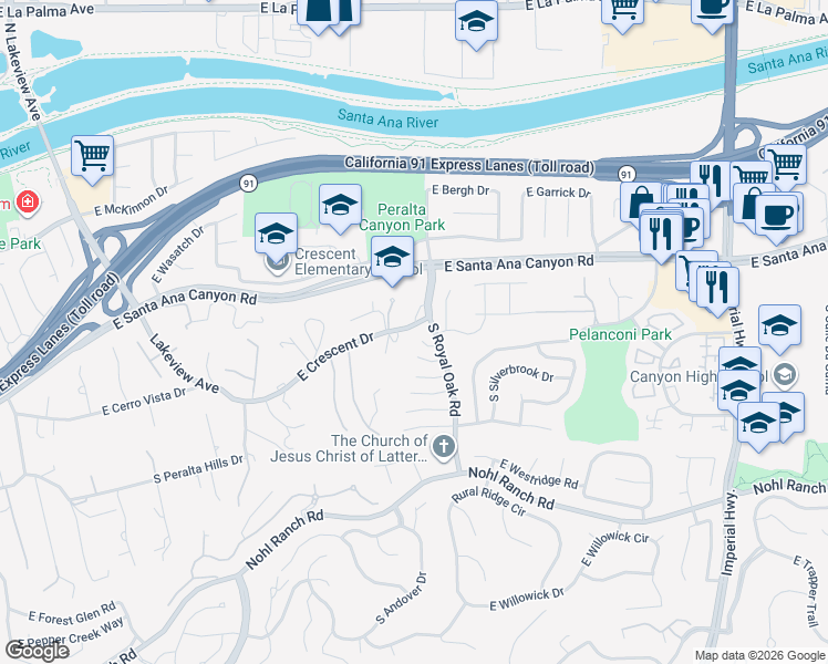 map of restaurants, bars, coffee shops, grocery stores, and more near 5219 East Shady Glen Lane in Anaheim