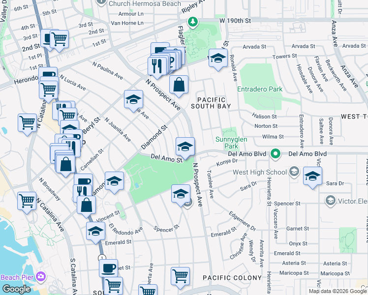 map of restaurants, bars, coffee shops, grocery stores, and more near 412 North Paulina Avenue in Redondo Beach