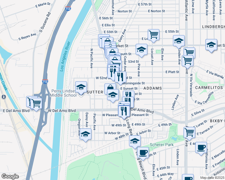 map of restaurants, bars, coffee shops, grocery stores, and more near 15 West 51st Street in Long Beach