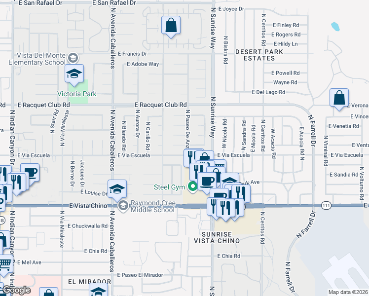 map of restaurants, bars, coffee shops, grocery stores, and more near 1451 Olga Way in Palm Springs