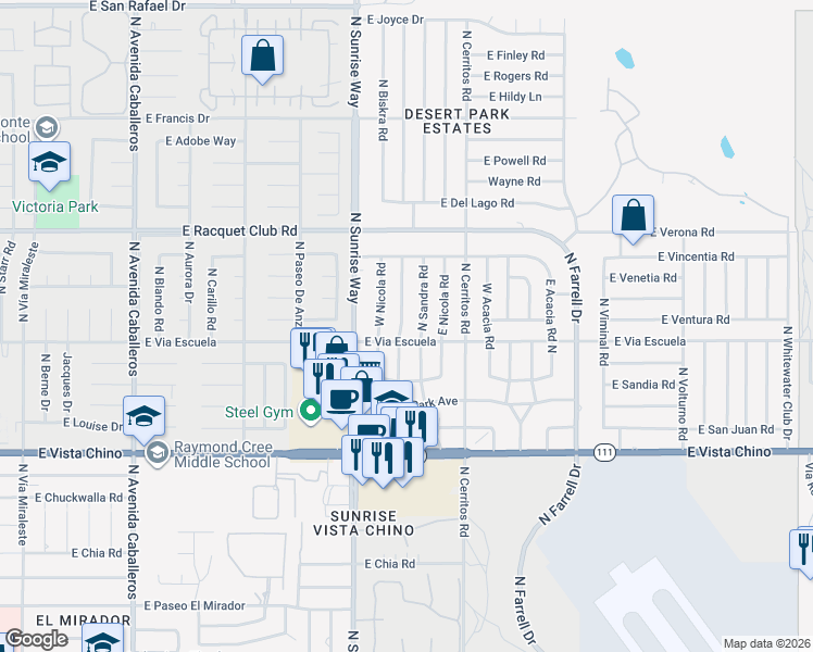 map of restaurants, bars, coffee shops, grocery stores, and more near 2130 North Deborah Road in Palm Springs