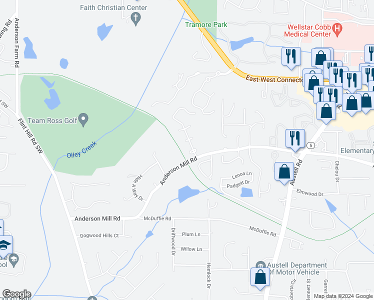 map of restaurants, bars, coffee shops, grocery stores, and more near 4337 Chaucer Place Southwest in Austell