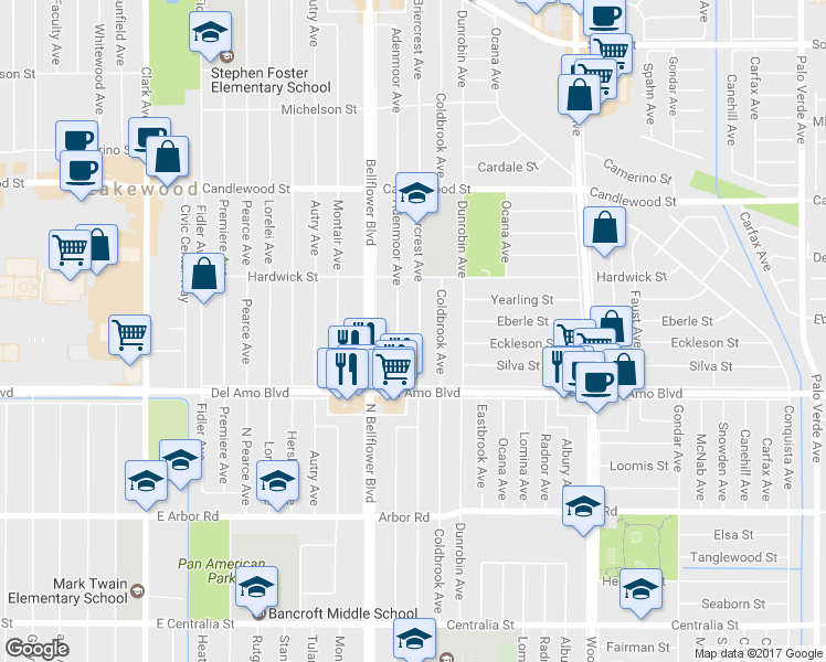 map of restaurants, bars, coffee shops, grocery stores, and more near 5003 Briercrest Avenue in Lakewood