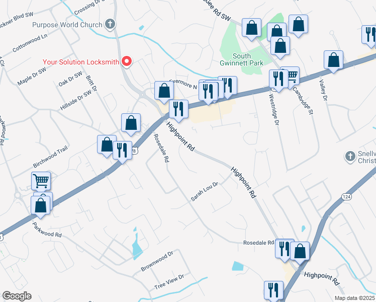 map of restaurants, bars, coffee shops, grocery stores, and more near 2215 Highpoint Road in Snellville
