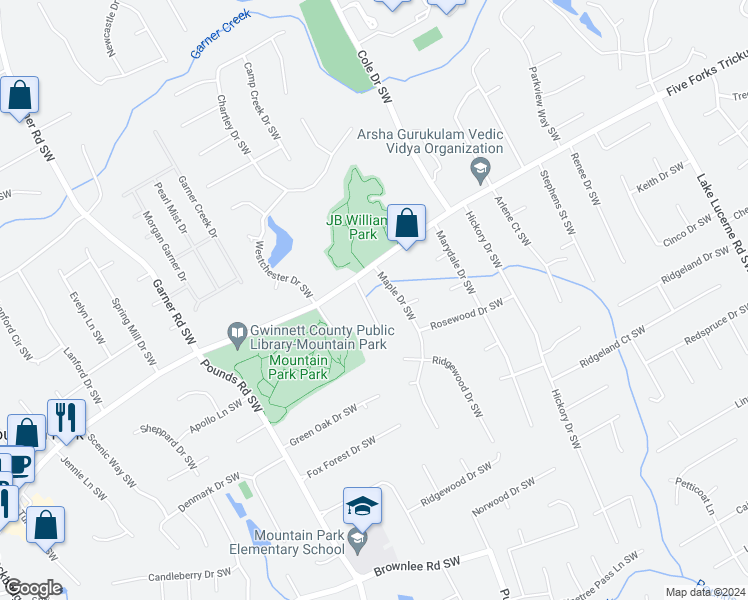 map of restaurants, bars, coffee shops, grocery stores, and more near 1246 Sycamore Drive Southwest in Lilburn