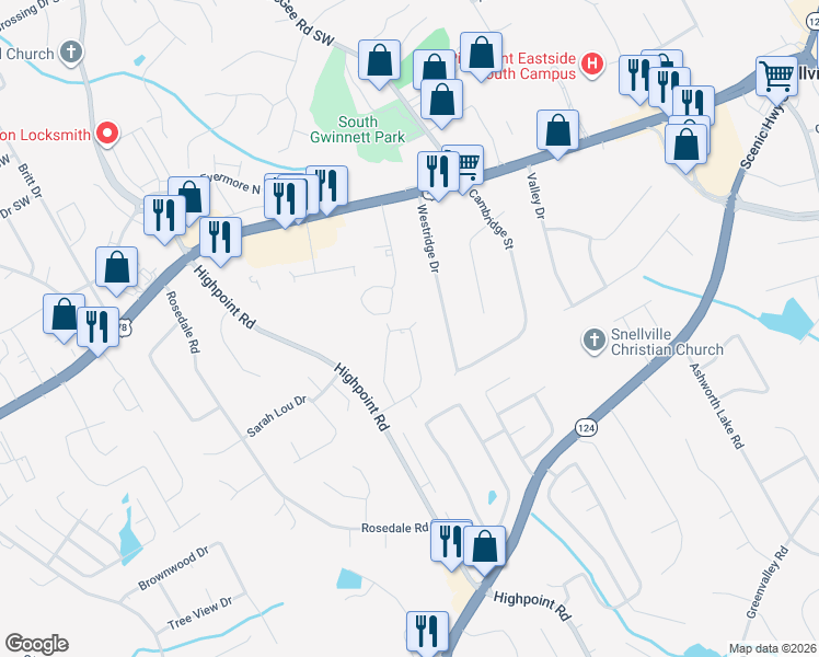 map of restaurants, bars, coffee shops, grocery stores, and more near 2885 Spruce Circle in Snellville