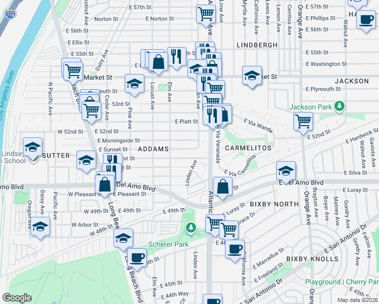 map of restaurants, bars, coffee shops, grocery stores, and more near 472 East Sunset Street in Long Beach