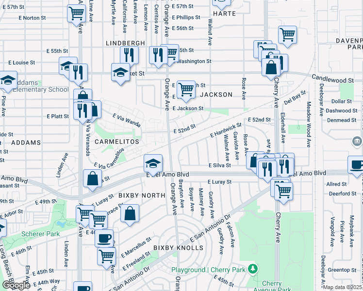 map of restaurants, bars, coffee shops, grocery stores, and more near 5053 Brayton Avenue in Long Beach