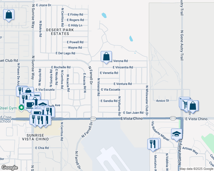 map of restaurants, bars, coffee shops, grocery stores, and more near 2791 East Ventura Road in Palm Springs