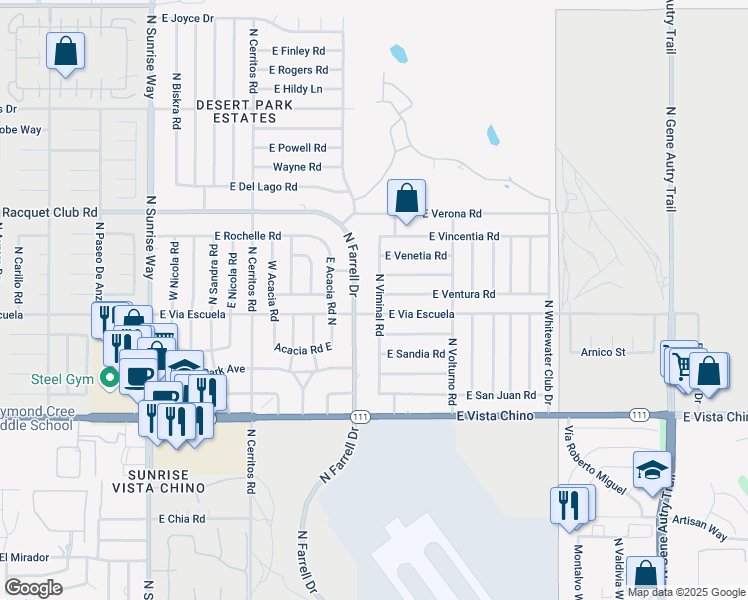 map of restaurants, bars, coffee shops, grocery stores, and more near 2173 North Viminal Road in Palm Springs