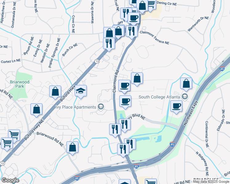map of restaurants, bars, coffee shops, grocery stores, and more near 3097 Clairmont Road in Atlanta