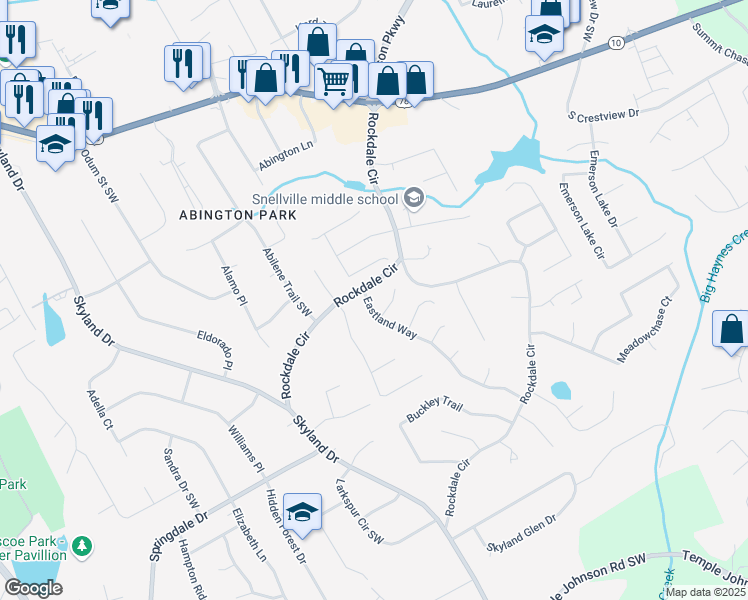 map of restaurants, bars, coffee shops, grocery stores, and more near 2880 Eastland Way in Snellville