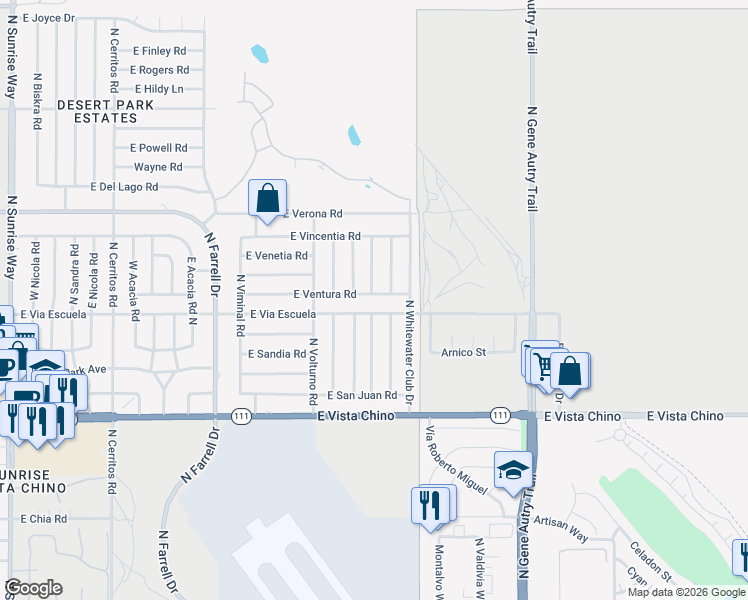 map of restaurants, bars, coffee shops, grocery stores, and more near 3133 East Ventura Road in Palm Springs